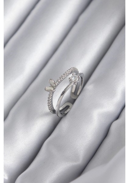 Bfs Pirinç Gümüş Renk Zirkon Taşlı Kelebek Model Kadın Yüzük