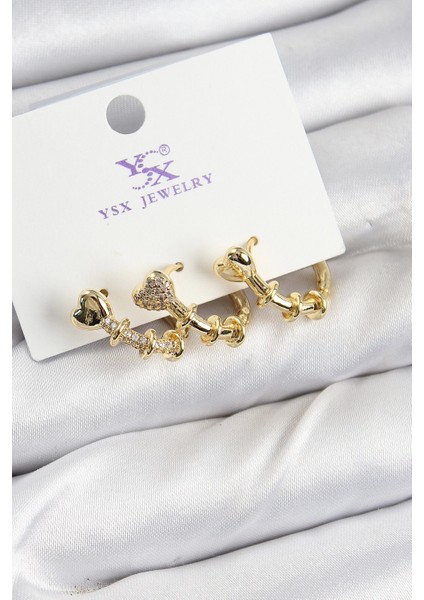 Bfs Pirinç Zirkon Taşlı Kalp Model Gold Renk 3'lü Kadın Küpe