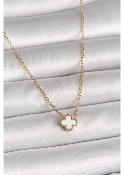 Bfs 316L Çelik Gold Renk Beyaz Yonca Model Kadın Kolye