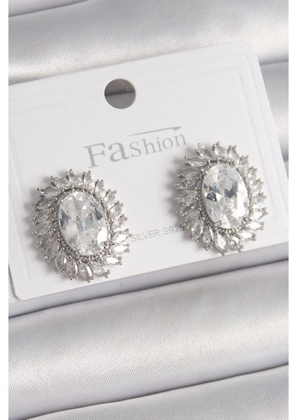 Bfs Pirinç Gümüş Renk Zirkon Taşlı Kadın Küpe