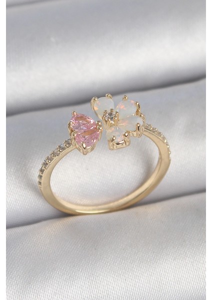 Bfs Pirinç Gold Renk Beyaz Mineli Pembe Zirkon Taşlı Çiçek Model Kadın Yüzük