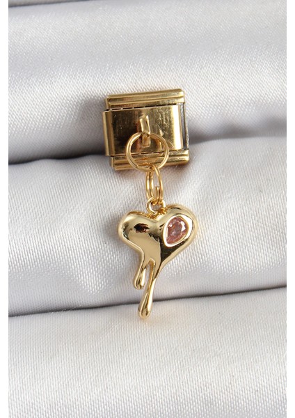 Bfs 316L Çelik Sallantılı Zirkon Taşlı Eriyen Kalp Model Gold Renk Nomination Charm