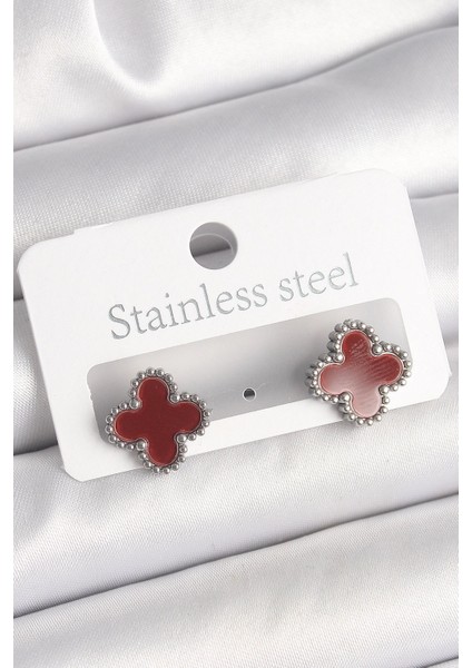 Bfs Pirinç Gümüş Renk Bordo Yonca Model Kadın Küpe