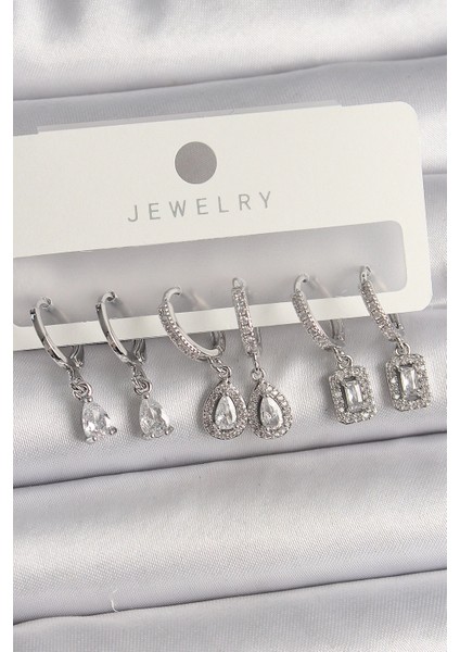 Bfs Pirinç Gümüş Renk Sallantı Zirkon Taşlı Damla Model Kadın Küpe Seti