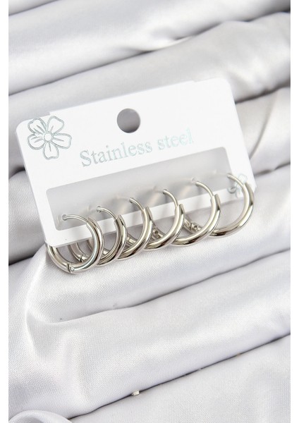 Bfs 316L Çelik Halka Model Gümüş Renk 3'lü Set Kadın Küpe