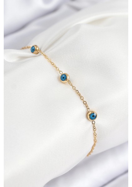 Bfs 316L Çelik Nazar Boncuğu Model Gold Renk Kadın Bileklik