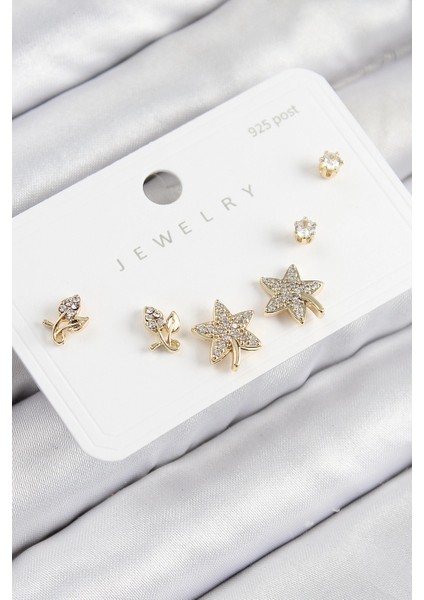 Bfs Pirinç Zirkon Taşlı Yıldız ve Gül Model Gold Renk 925 Ayar Gümüş Çivi Kadın Küpe Set