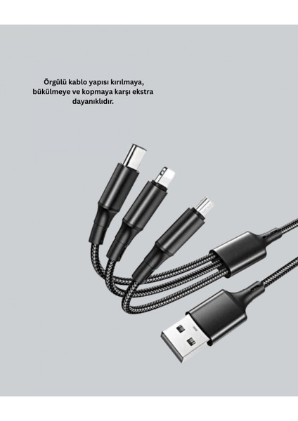 - 3’ü 1 Arada Hızlı Şarj Kablosu – Ios Android Type-C Uyumlu modelleri