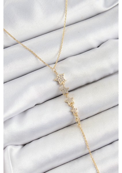 Bfs Pirinç Zirkon Taşlı Sıralı Yıldız Figürlü Y Model Gold Renk Kadın Kolye