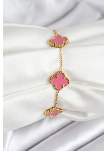 Bfs 316L Çelik Gold Zincir Pembe Yonca Renk Bileklik
