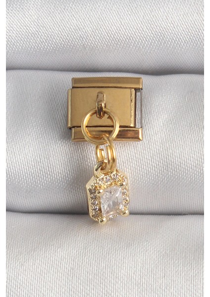 Bfs 316L Çelik Gold Renk Sallantı Zirkon Taşlı Kare Model Nomination Charm