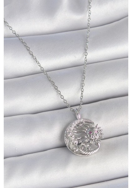 Bfs 316L Çelik Gümüş Renk Zincir Ay Güneş Model Zirkon Taş Detay Kadın Kolye