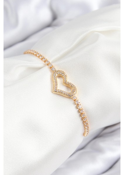 Bfs Pirinç Zirkon Taşlı Kalp Model Gümüş Renk Asansörlü Kadın Bileklik