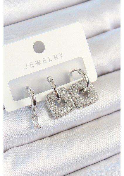 Bfs Pirinç Zirkon Taşlı Kare Model Gümüş Renk 3'lü Çift Kadın Küpe Set