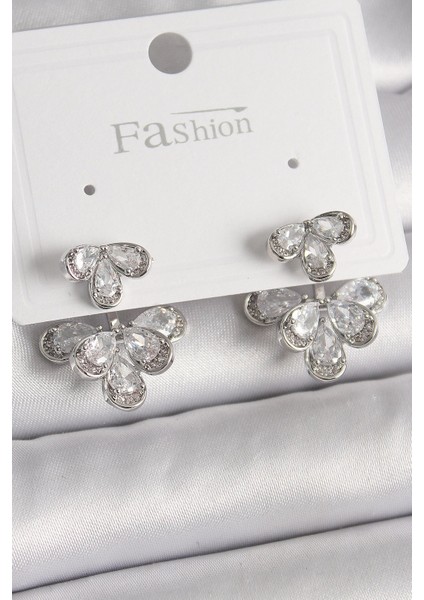 Bfs Pirinç Gümüş Renk Zirkon Taşlı Damla Model Kadın Küpe