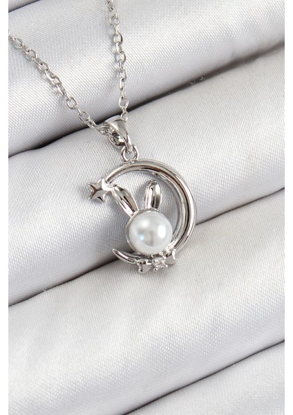 Bfs 316L Çelik Inci Detaylı Hilal Tavşan Model Gümüş Renk Kadın Kolye