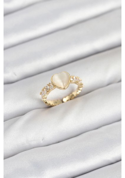 Bfs Pirinç Gold Renk Zirkon Taşlı Kalpli Kadın Yüzük