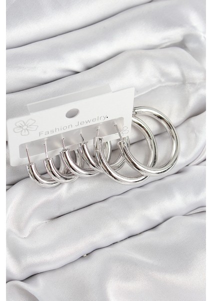 Bfs Pirinç Halka Model Gümüş Renk Kadın Set Küpe