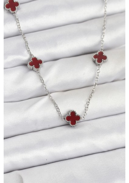 Bfs 316L Çelik Zincir Gümüş Renk Bordo Baby Boy Yonca Kadın Kolye