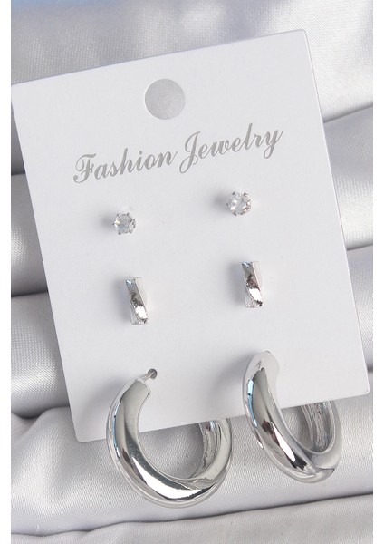 Bfs Pirinç Gümüş Renk Zirkon Taş Detay Halka Model 3 Çift Kadın Küpe Seti