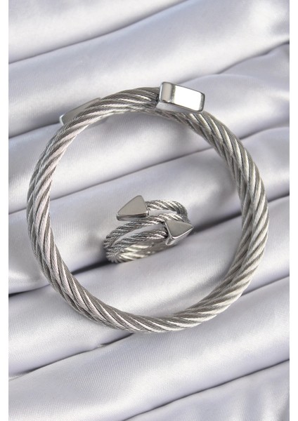 Bfs 316L Çelik Gümüş Renk Sarmal Model Erkek Bileklik Yüzük Kombini