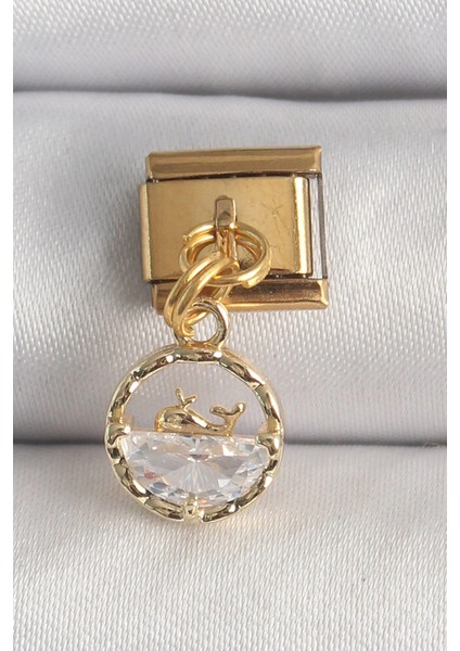 Bfs 316L Çelik Gold Renk Sallantı Zirkon Taşlı Balina Model Nomination Charm