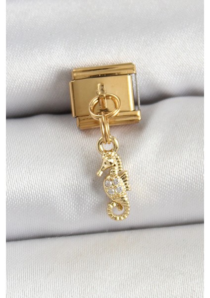 Bfs 316L Çelik Sallantılı Zirkon Taşlı Çiçek Model Gold Renk Nomination Charm