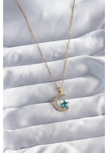 Bfs 316L Çelik Gold Renk Zincir Zirkon Taş Detay Hilal Yıldızı Figür Kadın Kolye