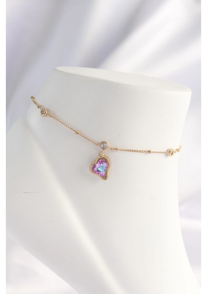 Bfs 316L Çelik Gold Renk Renkli Zirkon Taşlı Kalp Halhal