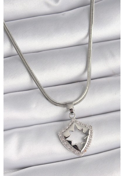 Bfs 316L Çelik Gümüş Renk Italyan Zincir Zirkon Taşlı Kutup Yıldızı Işleme Model Kadın Kolye