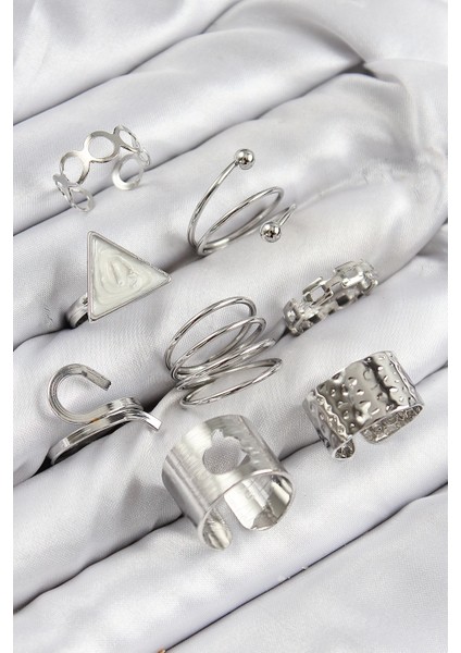 Bfs Pirinç Üçgen Model Gümüş Renk Kadın Yüzük Kombin Set