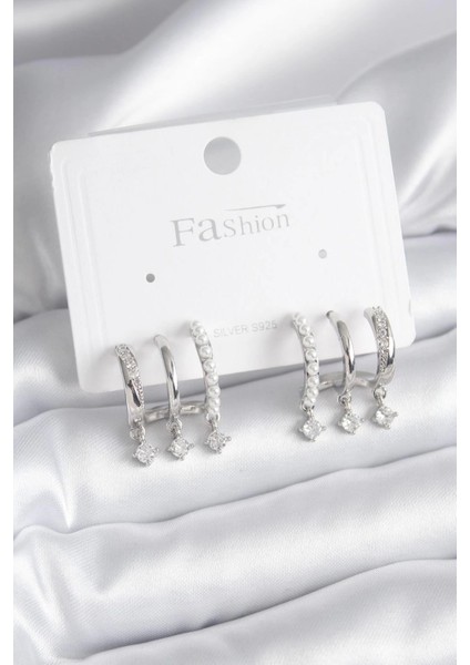 Bfs Pirinç Gümüş Renk Zirkon Taş Detay Incili Kadın Küpe