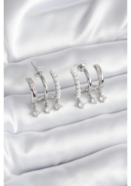 Bfs Pirinç Gümüş Renk Zirkon Taş Detay Incili Kadın Küpe fiyatları