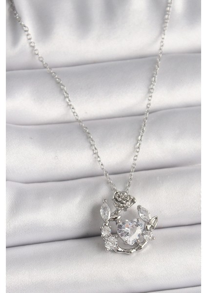 Bfs 316L Çelik Gümüş Renk Zincir Zirkon Taşlı Kalp Figür Gül Detay Kadın Kolye