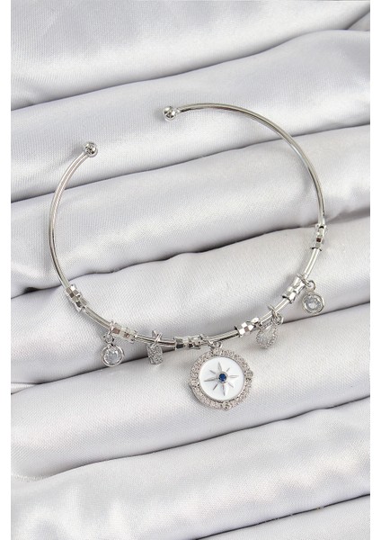 Bfs Pirinç Zirkon Taşlı Pusula Model Gümüş Renk Charm Bileklik