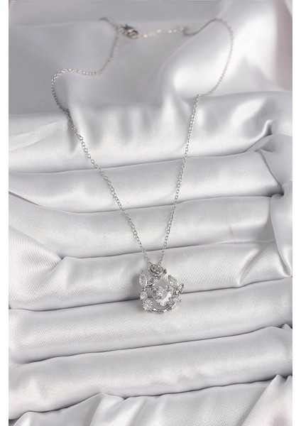 Bfs 316L Çelik Gümüş Renk Zincir Zirkon Taşlı Kalp Figür Gül Detay Kadın Kolye fiyatları