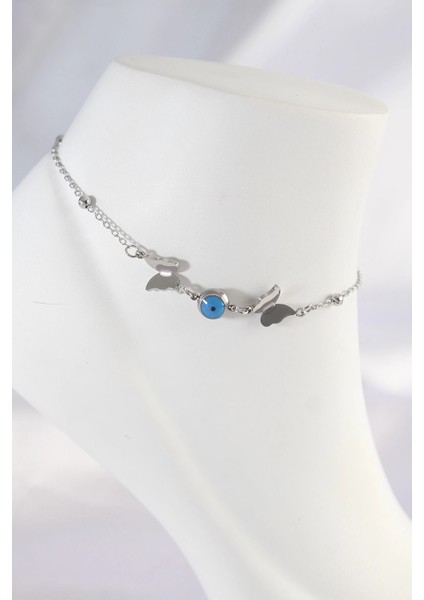 Bfs 316L Çelik Gümüş Renk Nazar Boncuk Detay Kelebek Halhal