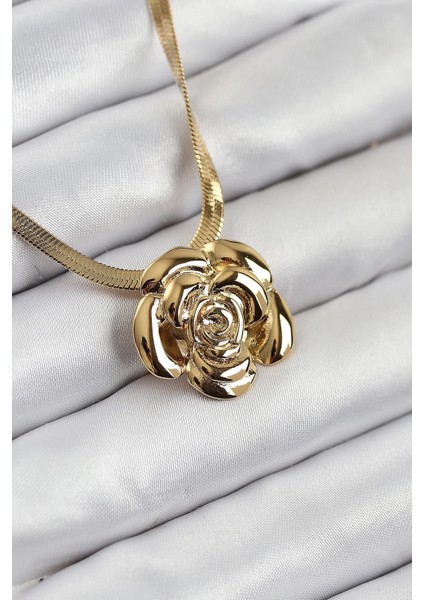 Bfs 316L Çelik Gül Figürlü Italyan Zincir Model Gold Renk Kadın Kolye