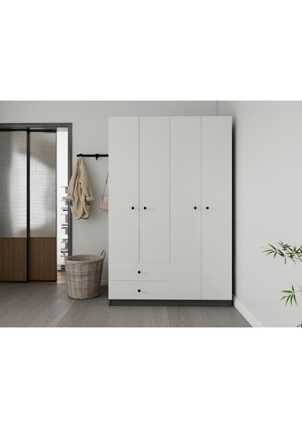 4 Kapaklı 2 Çekmeceli Gardırop Koyugri-Beyaz