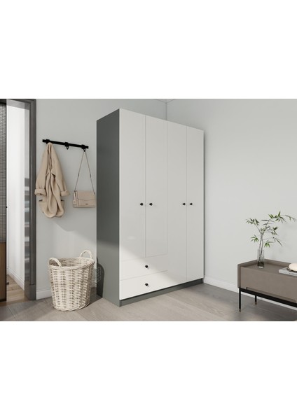 4 Kapaklı 2 Çekmeceli Gardırop Koyugri-Beyaz fiyatları