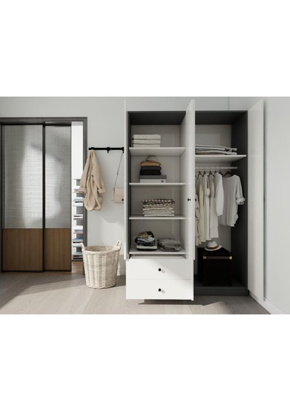 4 Kapaklı 2 Çekmeceli Gardırop Koyugri-Beyaz modelleri