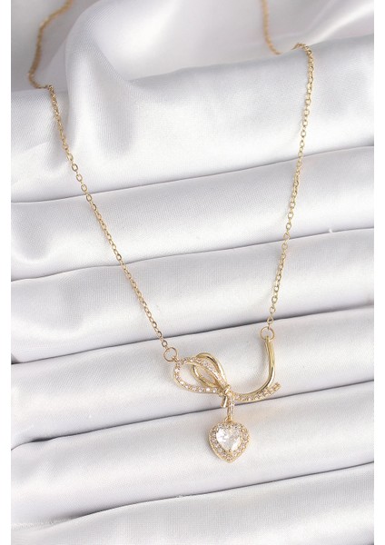 Bfs 316L Çelik Gold Renk Zincir Zirkon Taşlı Düğüm Sallantı Kalp Model Kadın Kolye fiyatları