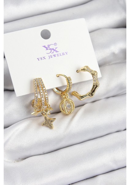 Bfs Pirinç Zirkon Taşlı Sallantılı Yıldız Model Gold Renk 3'lü Kadın Küpe