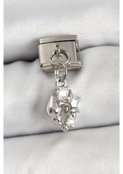 Bfs 316L Çelik Sallantılı Zirkon Taşlı Deniz Kabuğu ve Yıldız Model Gümüş Renk Nomination Charm