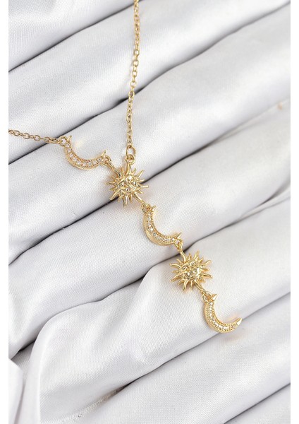 Bfs 316L Çelik Zirkon Taşlı Güneş ve Ay Model Gold Renk Kadın Kolye