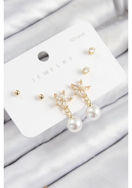 Bfs Pirinç Zirkon Taşlı Inci Sallantılı Çiçek Model Gümüş Renk 925 Ayar Gümüş Çivi Kadın Küpe Set