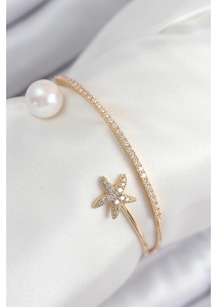 Bfs Pirinç Zirkon Taşlı Yıldız ve Inci Model Gold Renk Kadın Bileklik