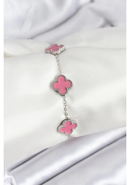 Bfs 316L Çelik Gümüş Zincir Pembe Renk Yonca Bileklik