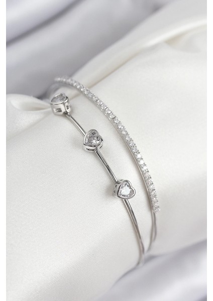 Bfs Pirinç Zirkon Taşlı Kalp Model Gümüş Renk Kadın Bileklik