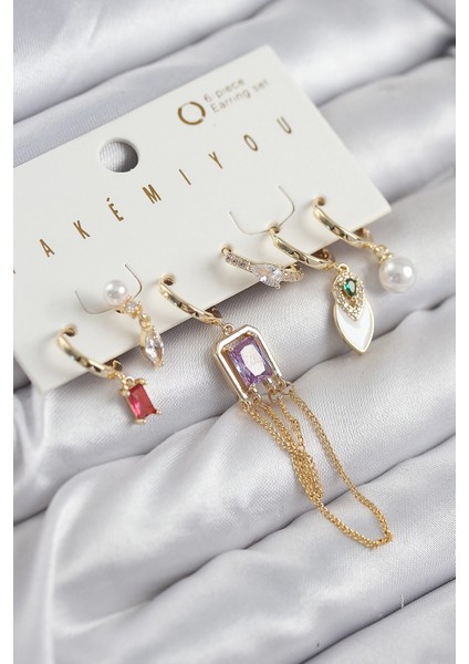 Bfs Pirinç Zirkon Taşlı Sallantılı ve Incili Gold Renk 6'lı Küpe Set